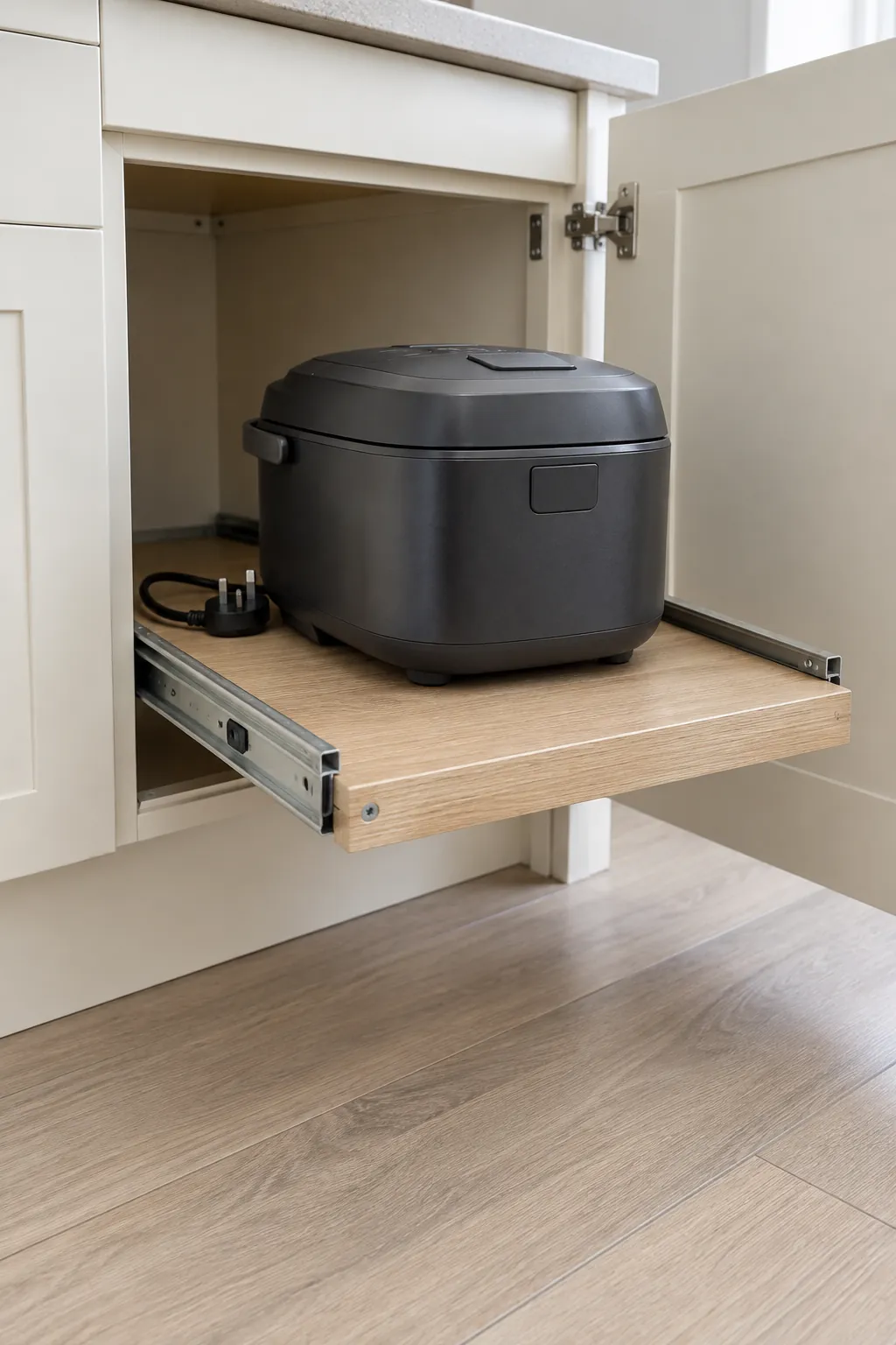 Fitted pullout shelf bringing an inactive compact cooker to the opening