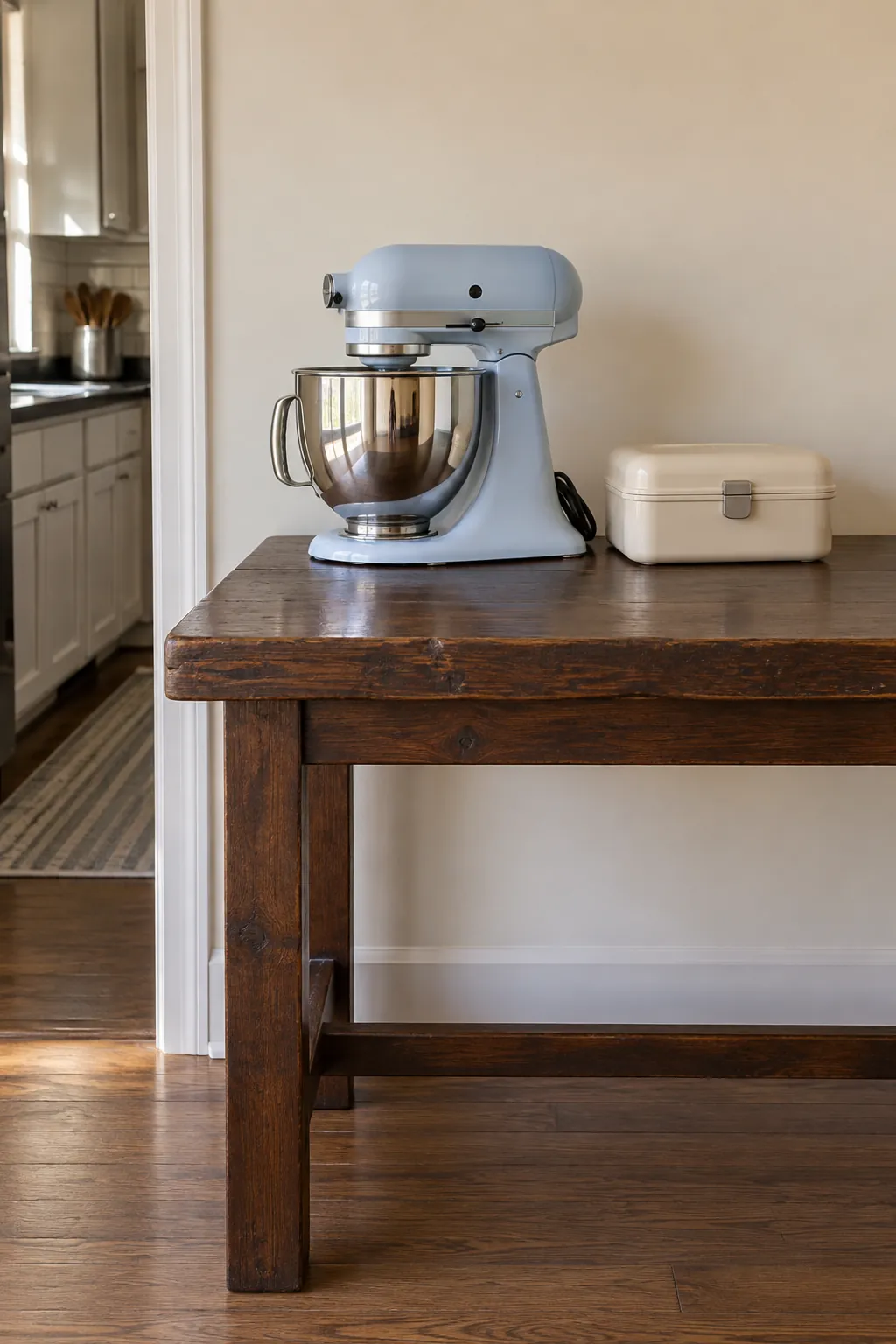 Mixer and protected accessories grouped on existing sturdy kitchen adjacent furniture