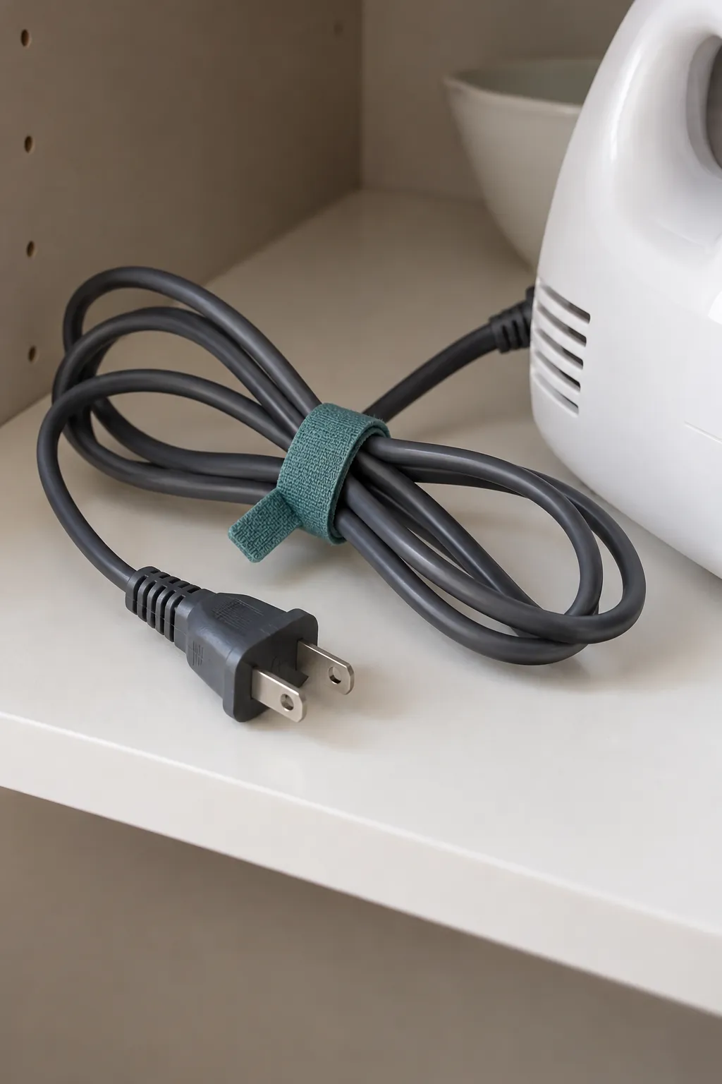 Loose reusable strap containing an unplugged appliance cord