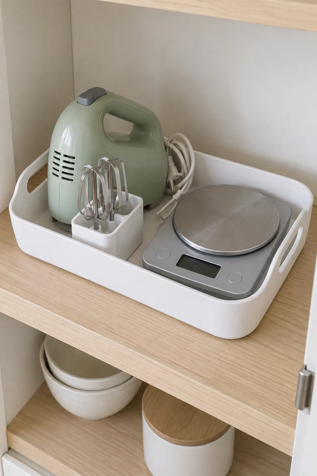 Light hand mixer and kitchen scale grouped in a carry tray