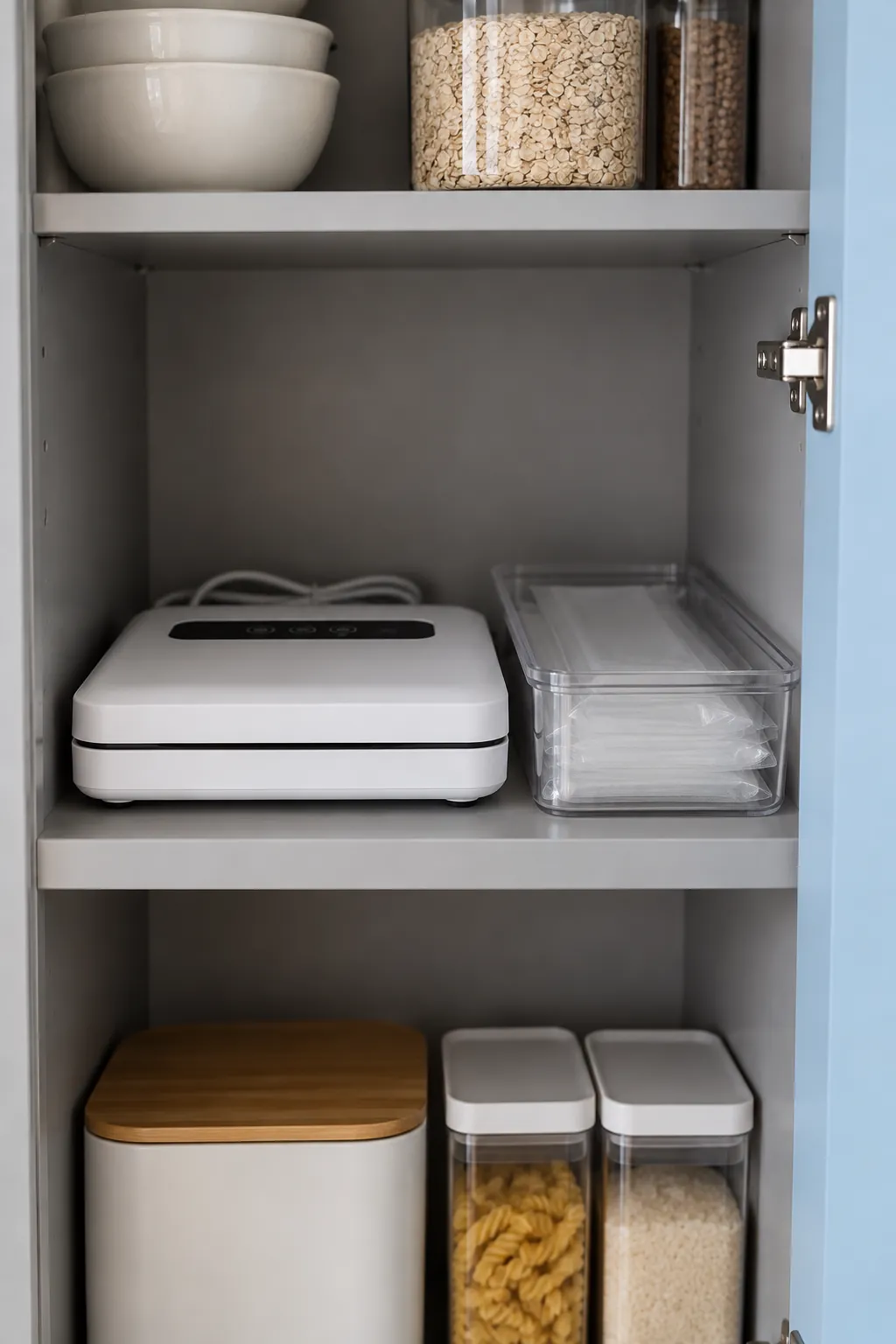 Slim vacuum sealer on a shallow dedicated shelf beside stored bags