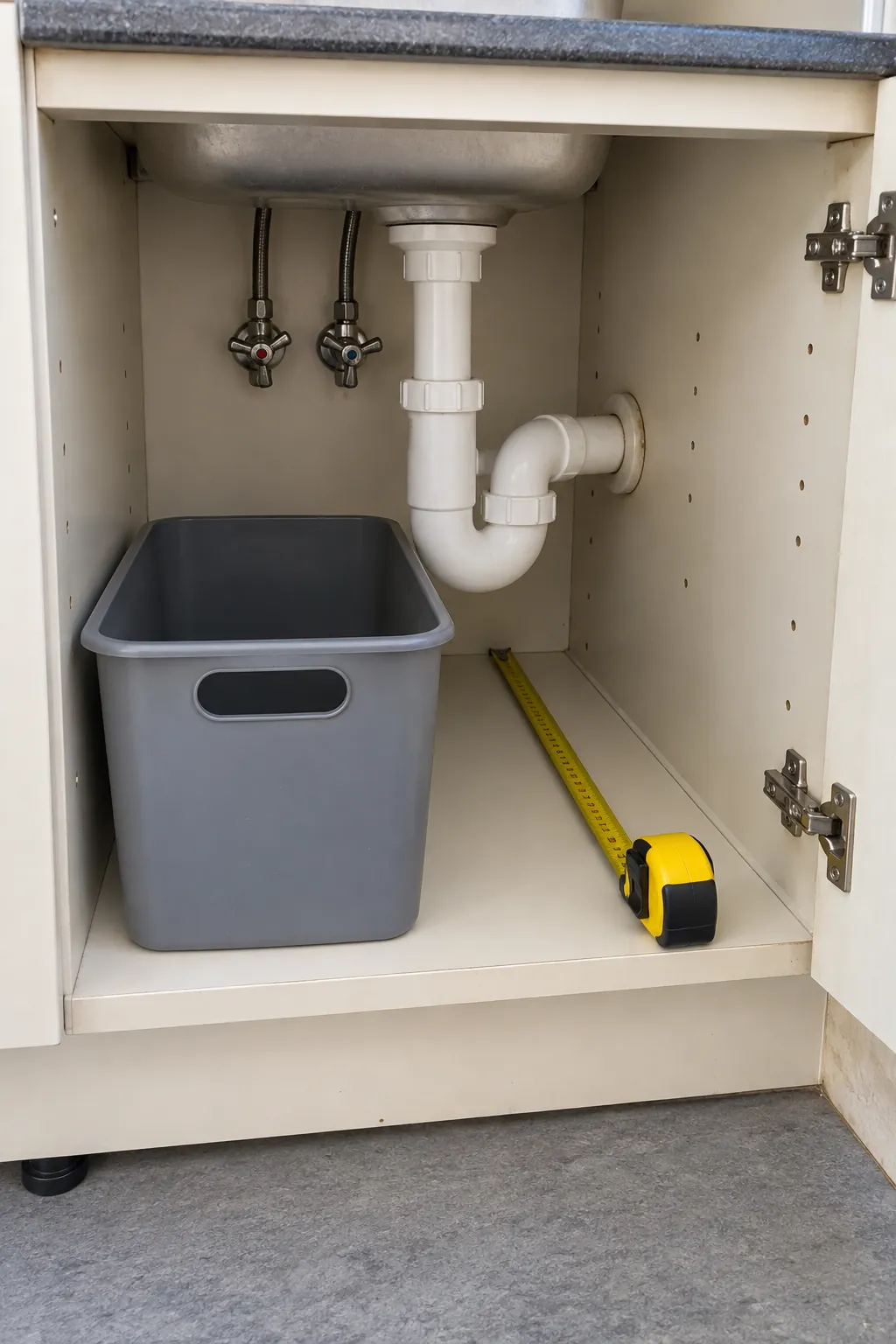 Check the usable cupboard space around real sink plumbing