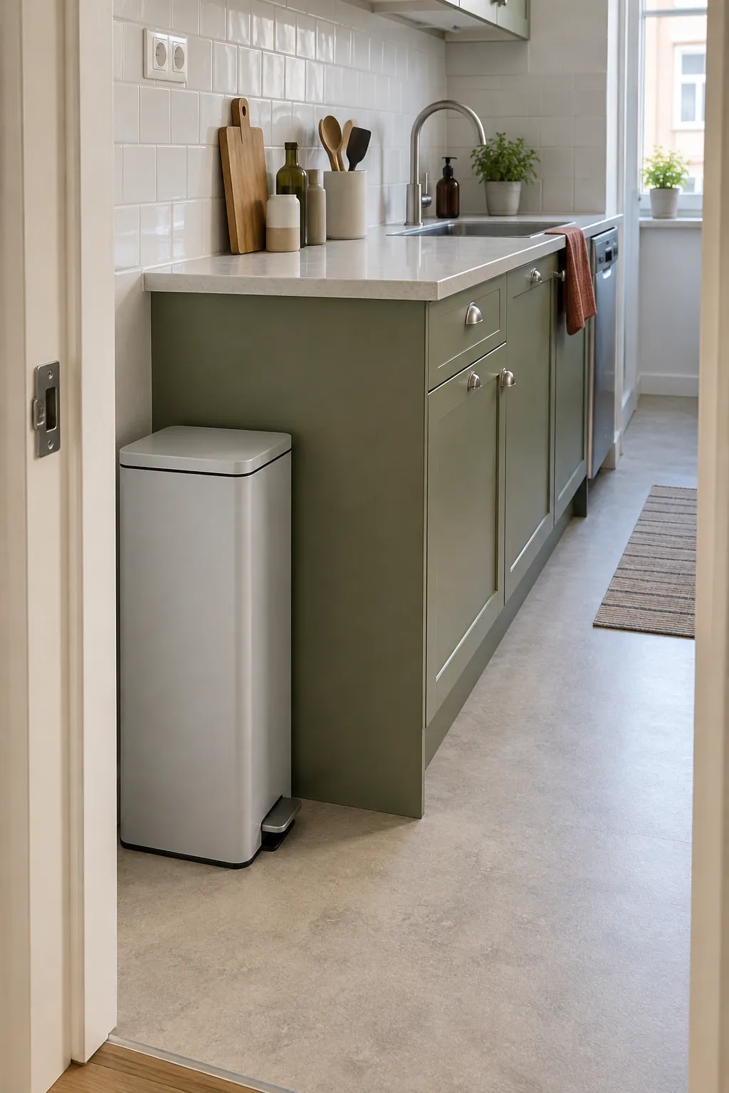 Use an accessible slim freestanding recycling container at a cabinet end