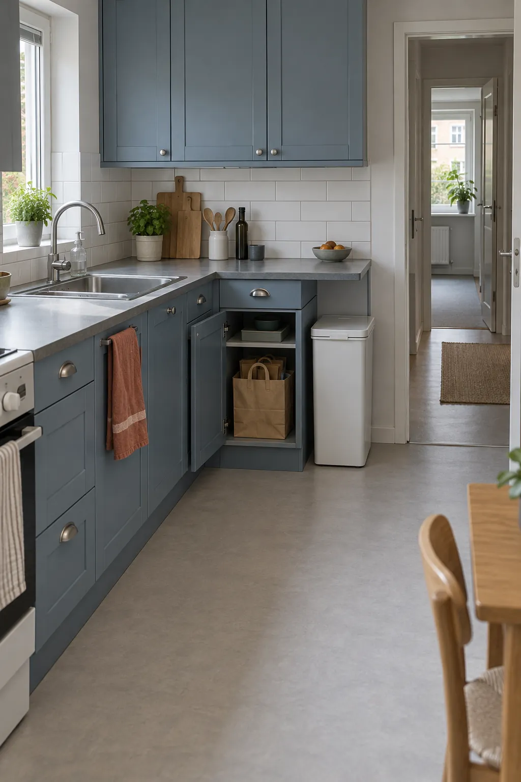 Small kitchen recycling station with a clear floor route and separate dry paper storage