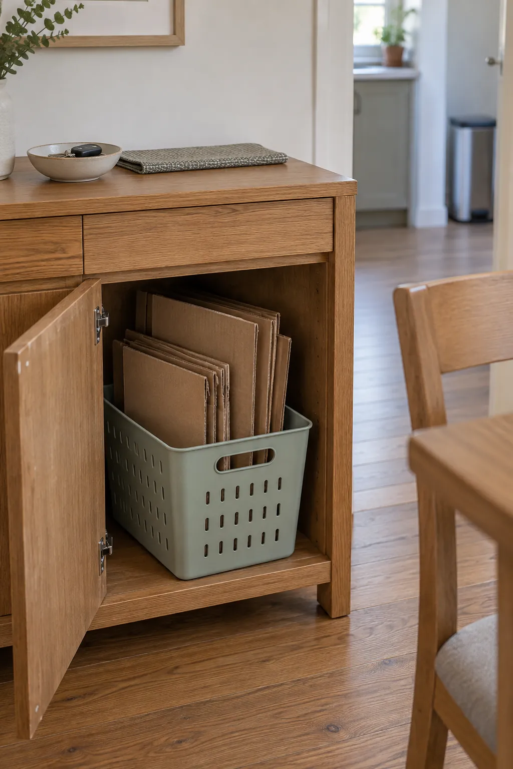 Store bulky clean cardboard separately from daily kitchen recycling