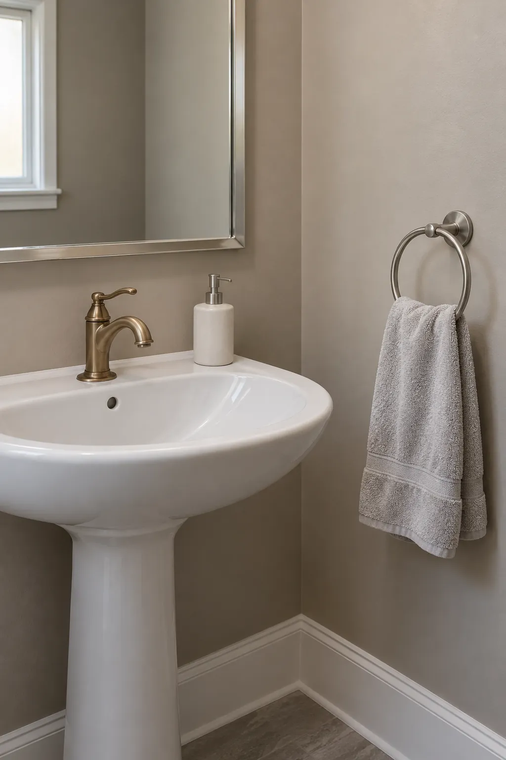 Repeat the existing silver frame through a useful accessory in a powder room