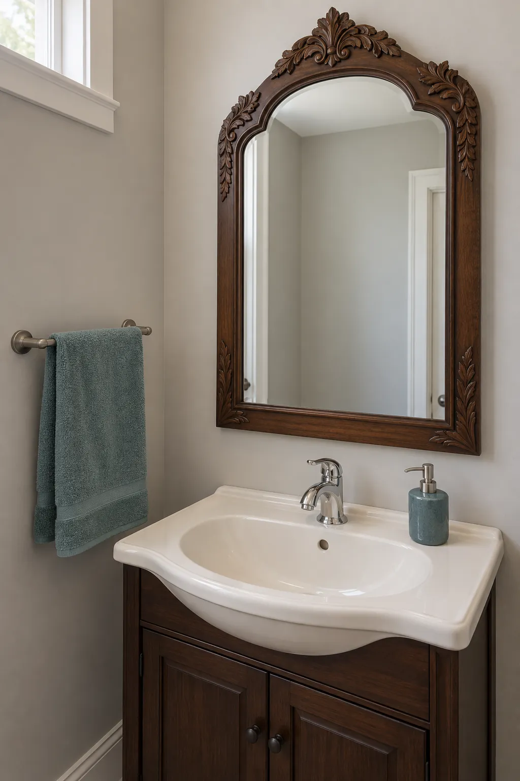 Textiles shift attention around an ornate fixed mirror in a powder room