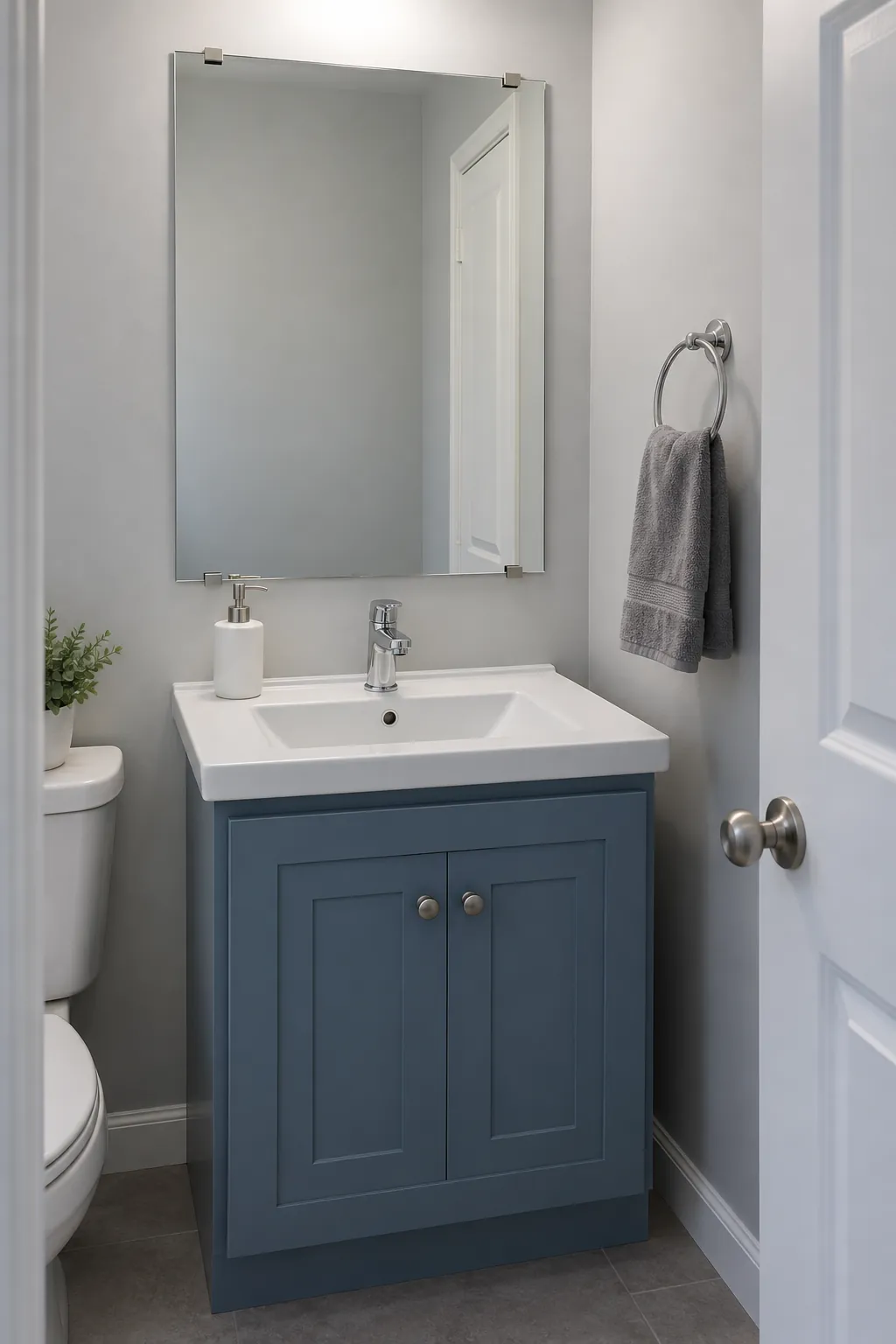 Existing frameless mirror above a coordinated blue vanity