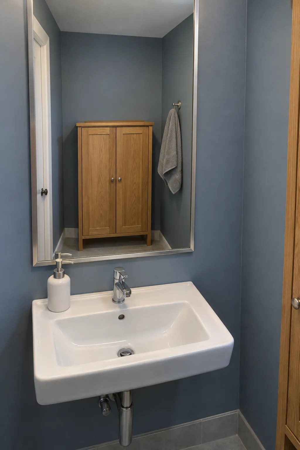 A calm reflected storage wall in a powder room