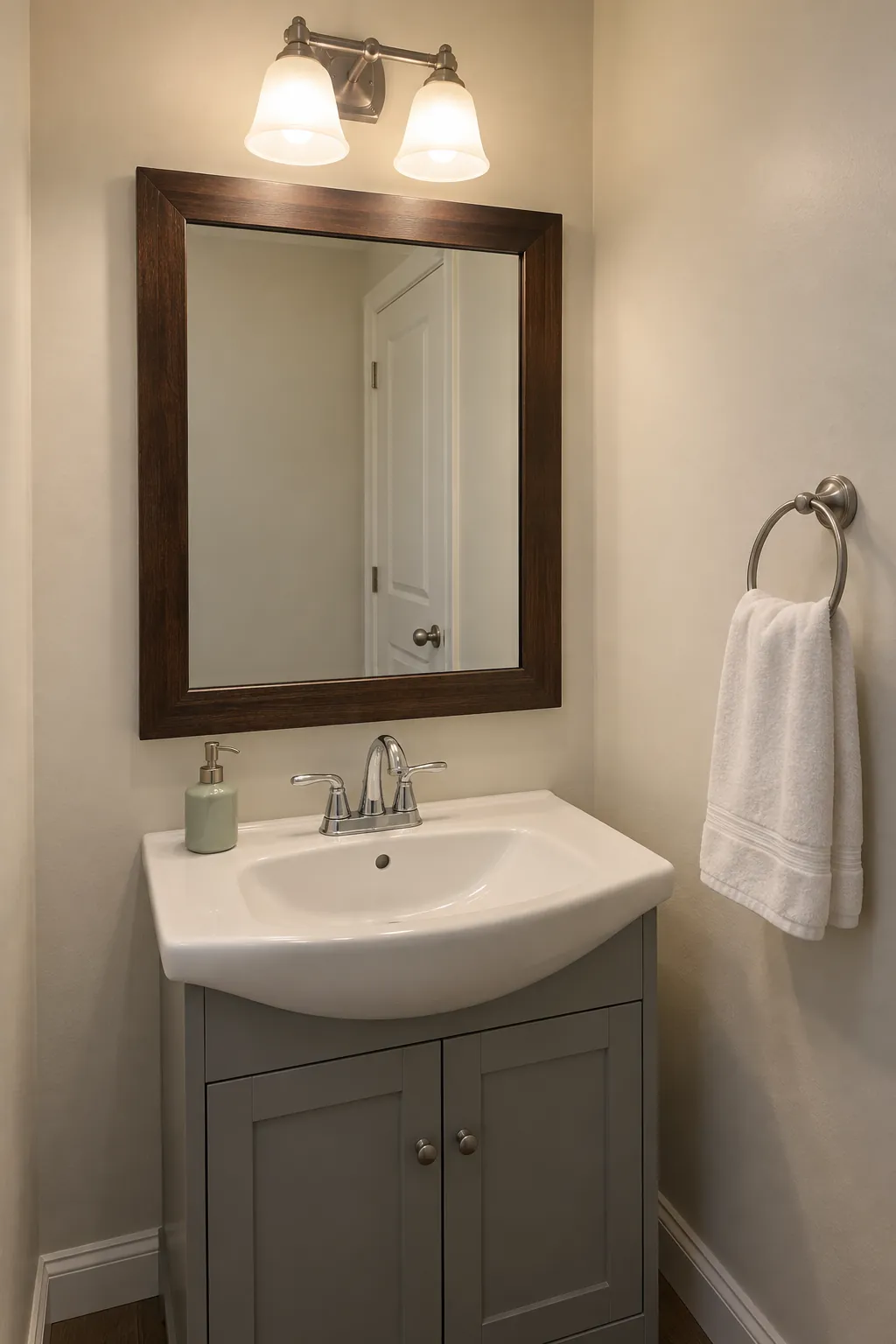 Diffused light softens an ordinary fixed mirror in a powder room