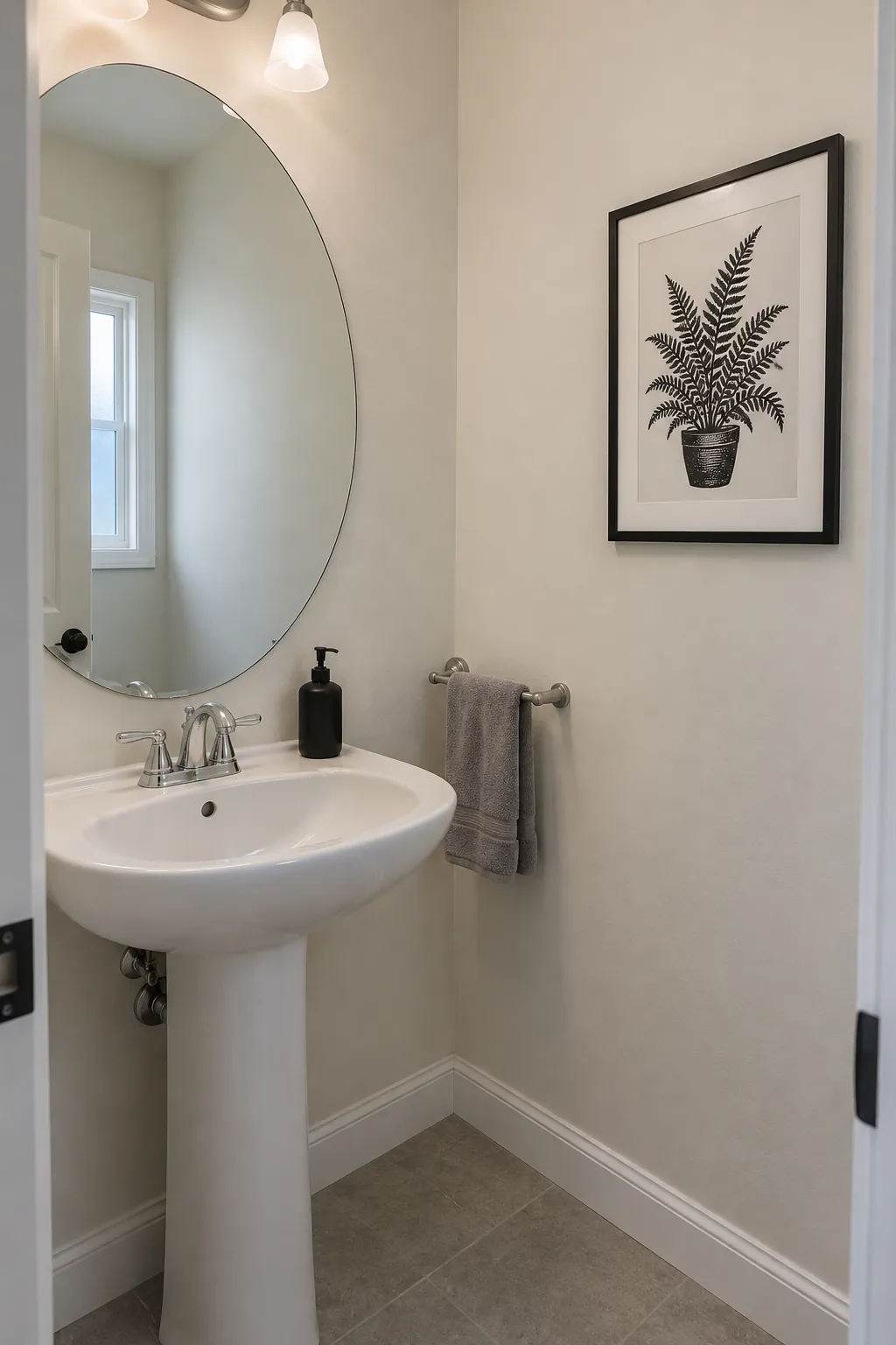 Side wall art leaves space around the existing mirror in a powder room