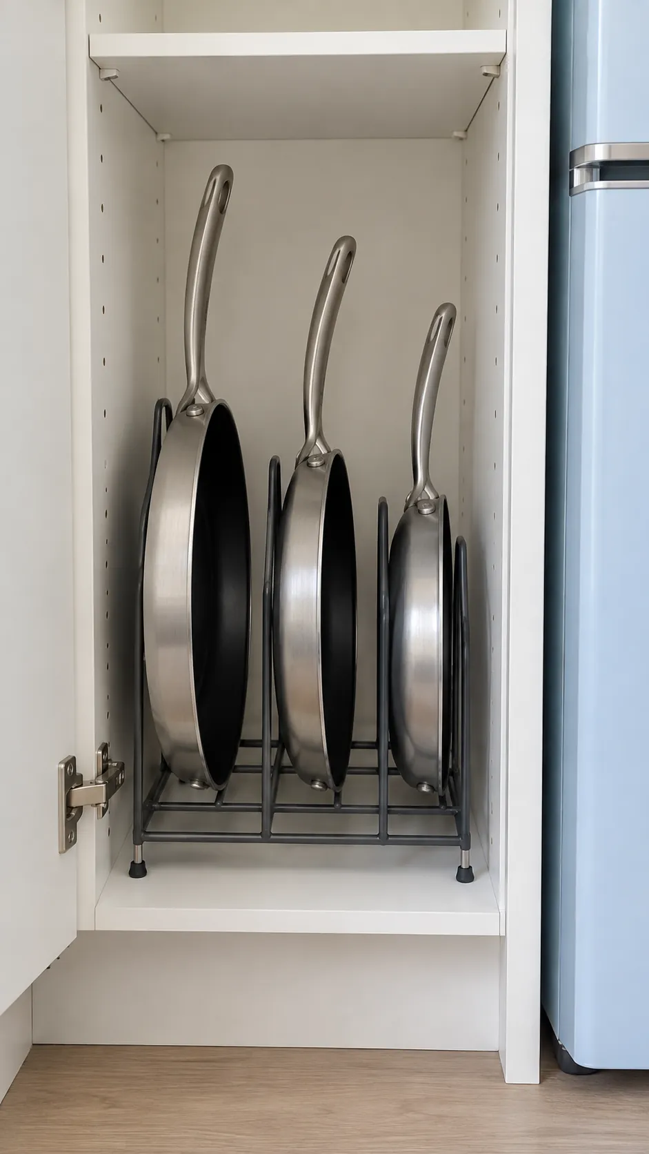 Frying pans held separately in an upright divider