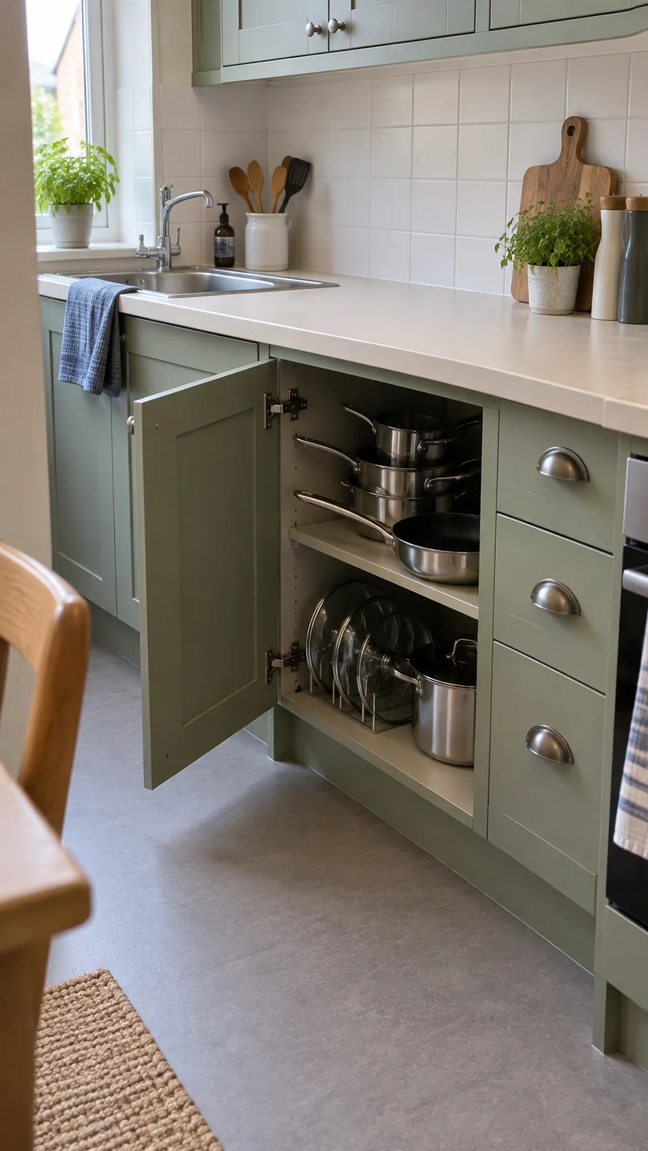 Narrow kitchen cupboard with accessible pots, pans, and a separate lid holder