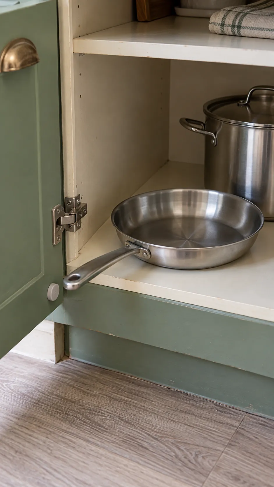 Everyday frying pan at the front of a lower cupboard