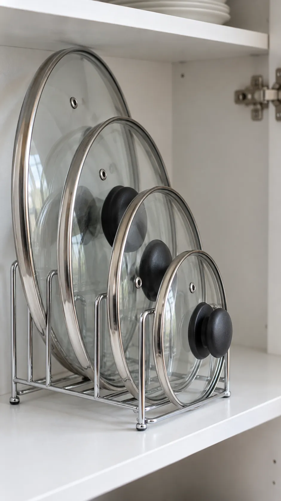 Loose lids organized in a slim upright rack