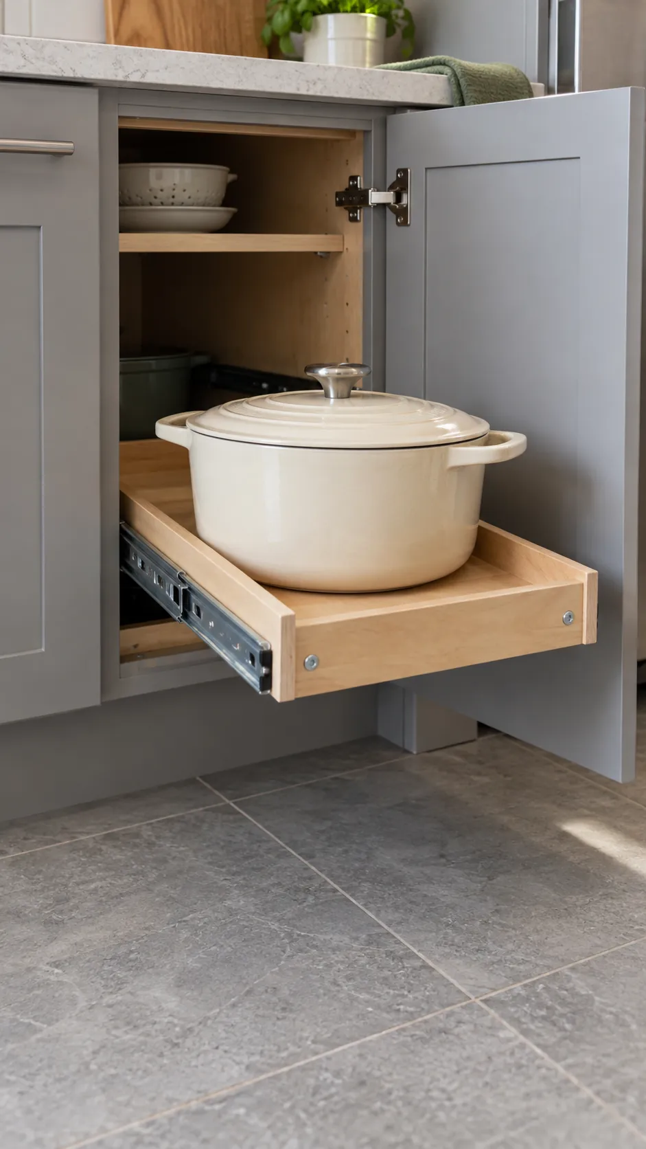 Heavy cookware brought forward on a properly installed narrow pullout