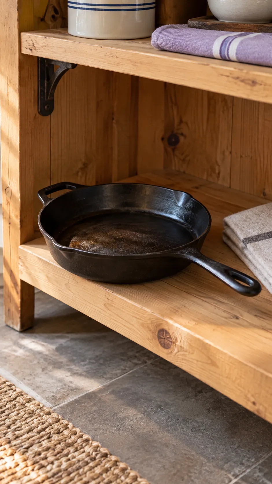 Cast iron stored low with space around both handles