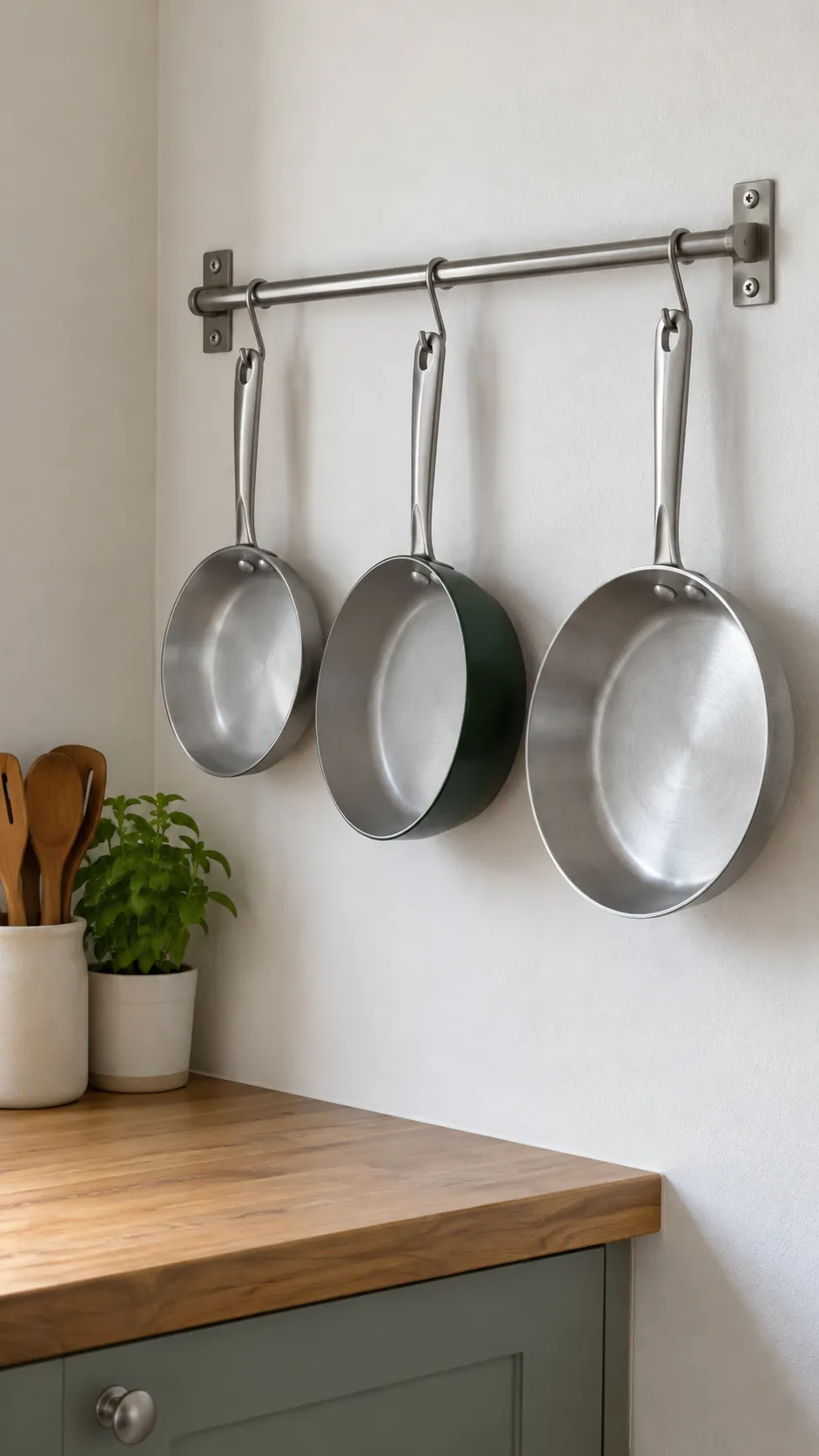 A few pans spaced on a properly mounted wall rail