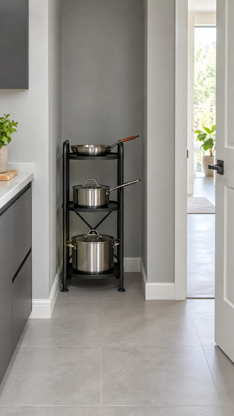 A stable tiered cookware stand in a genuine storage nook