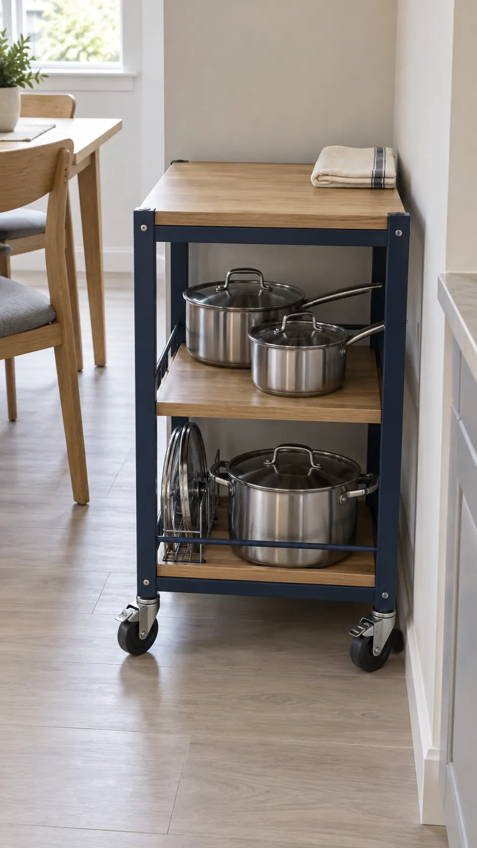 A sturdy parked cart carrying a compact cookware set