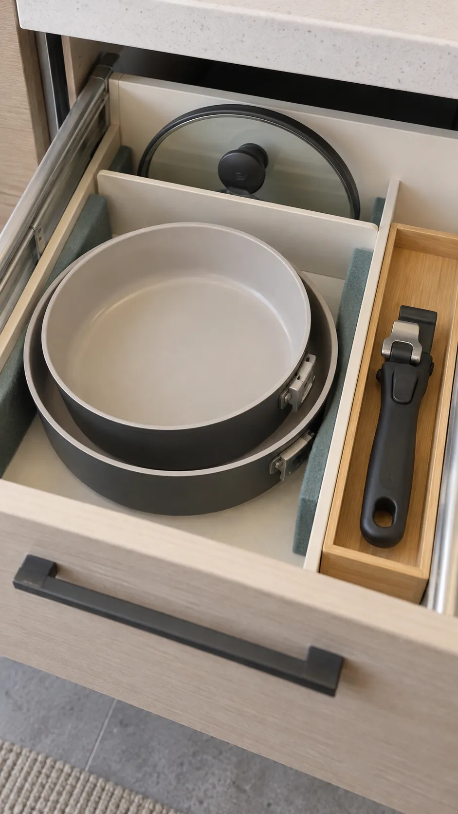 Detachable handle cookware stored with its own handle tray
