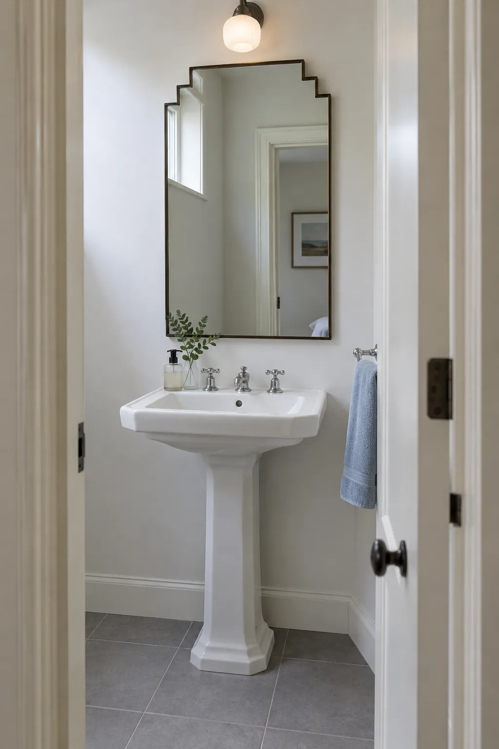 A stepped mirror above the existing basin in an Art Deco powder room