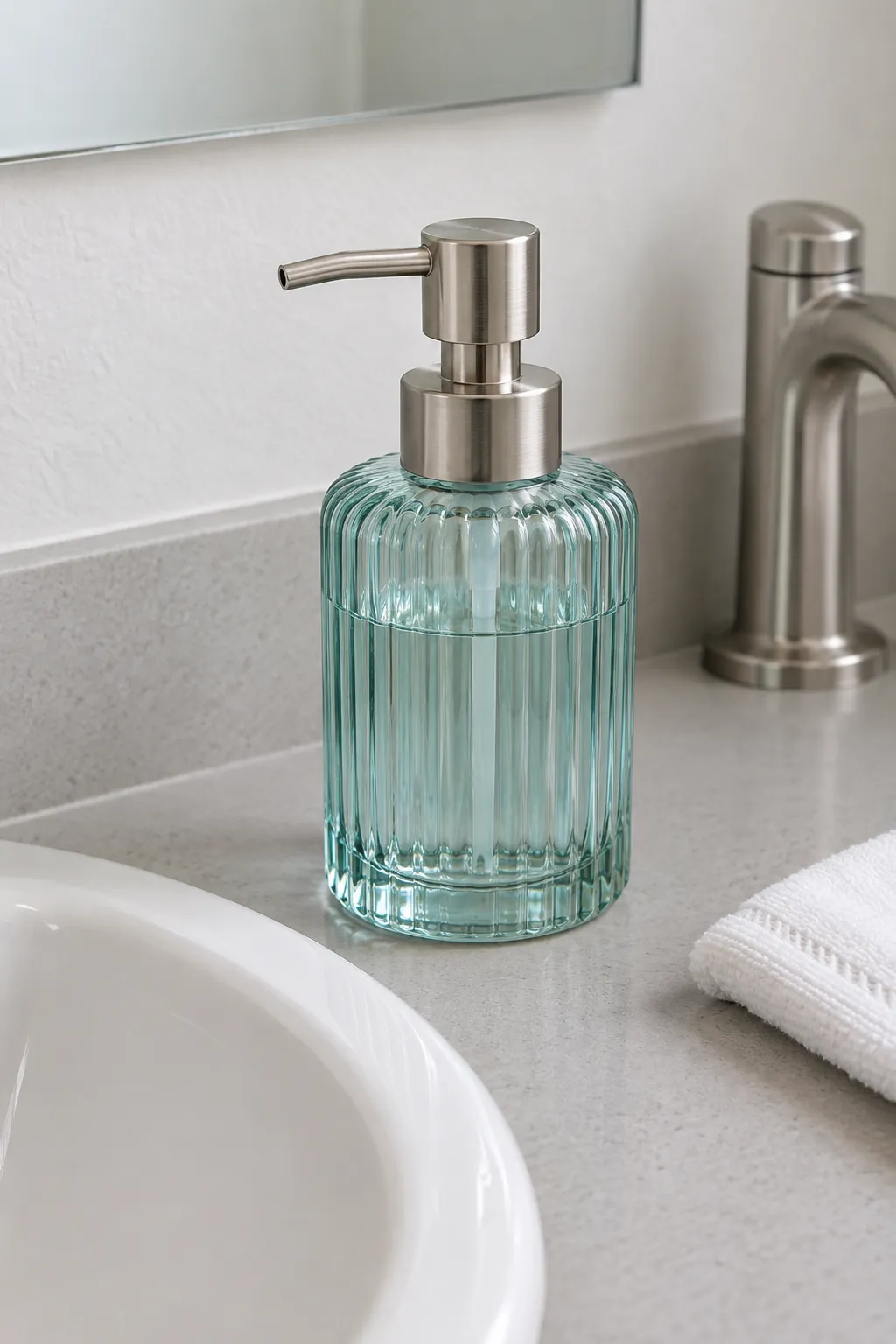 A ribbed glass soap dispenser in an Art Deco powder room