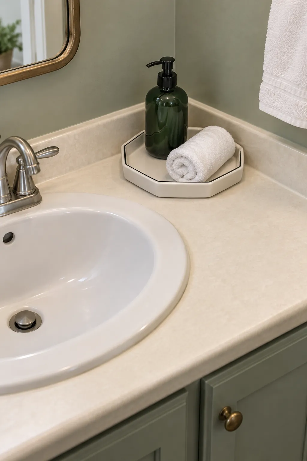 A small geometric tray in an Art Deco powder room