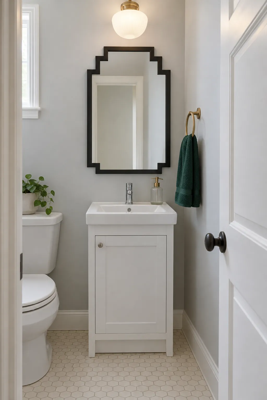 Art Deco powder room with a stepped mirror and useful accessories