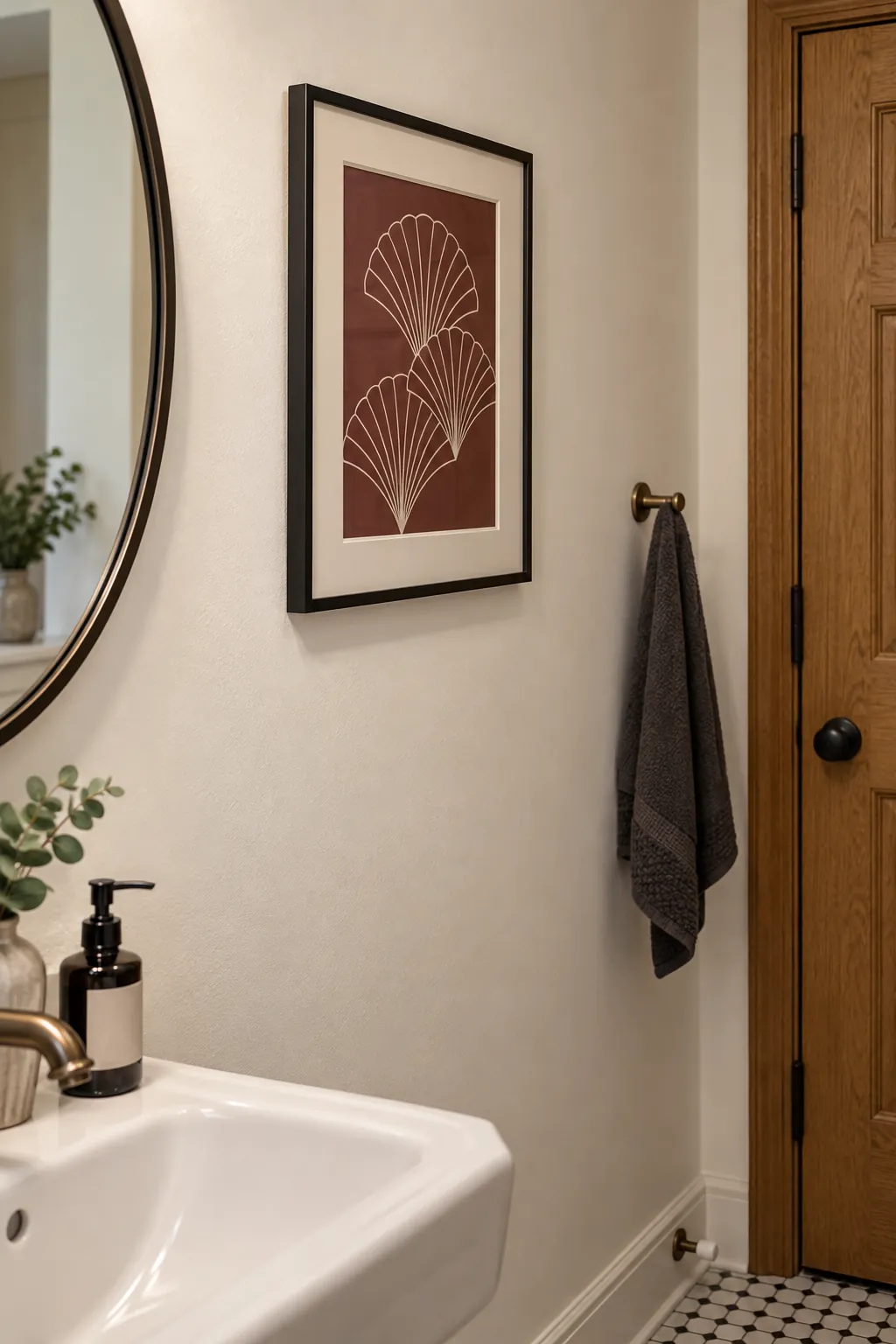 A fan motif print in an Art Deco powder room