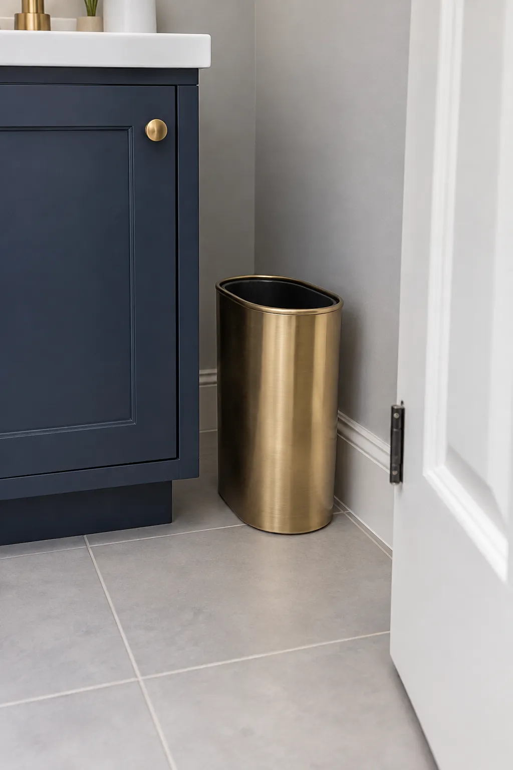 A slim brass wastebasket in an Art Deco powder room