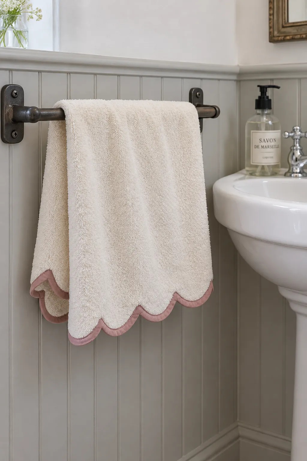 A scalloped edge towel in an Art Deco powder room