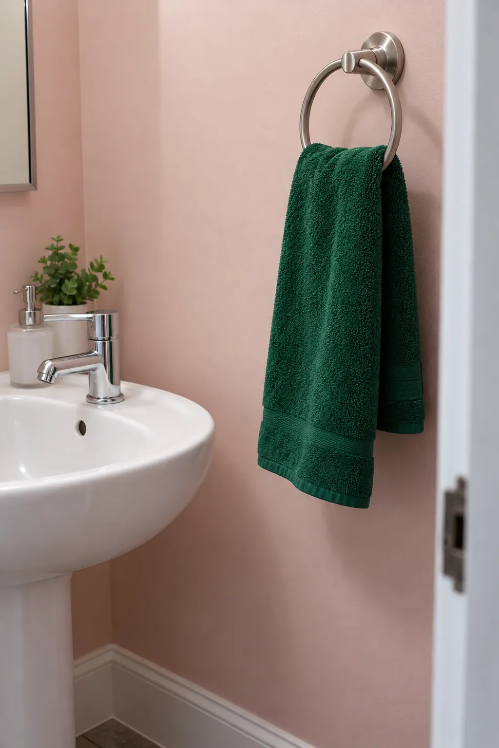 A jewel tone hand towel in an Art Deco powder room