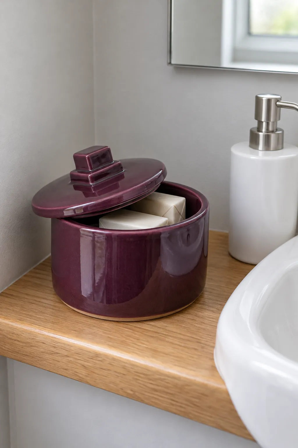 A lidded ceramic container in an Art Deco powder room