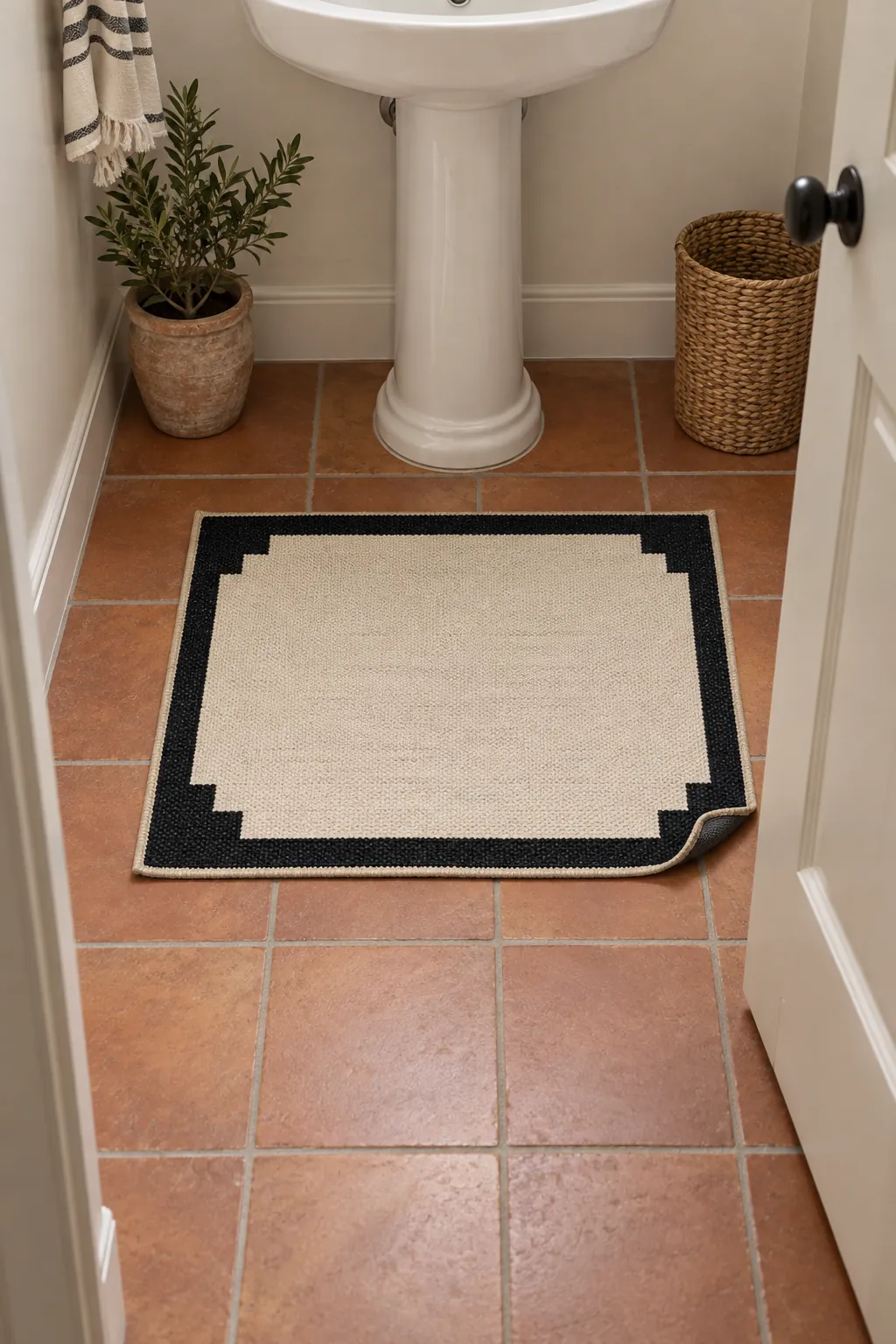 A black and ivory floor mat in an Art Deco powder room
