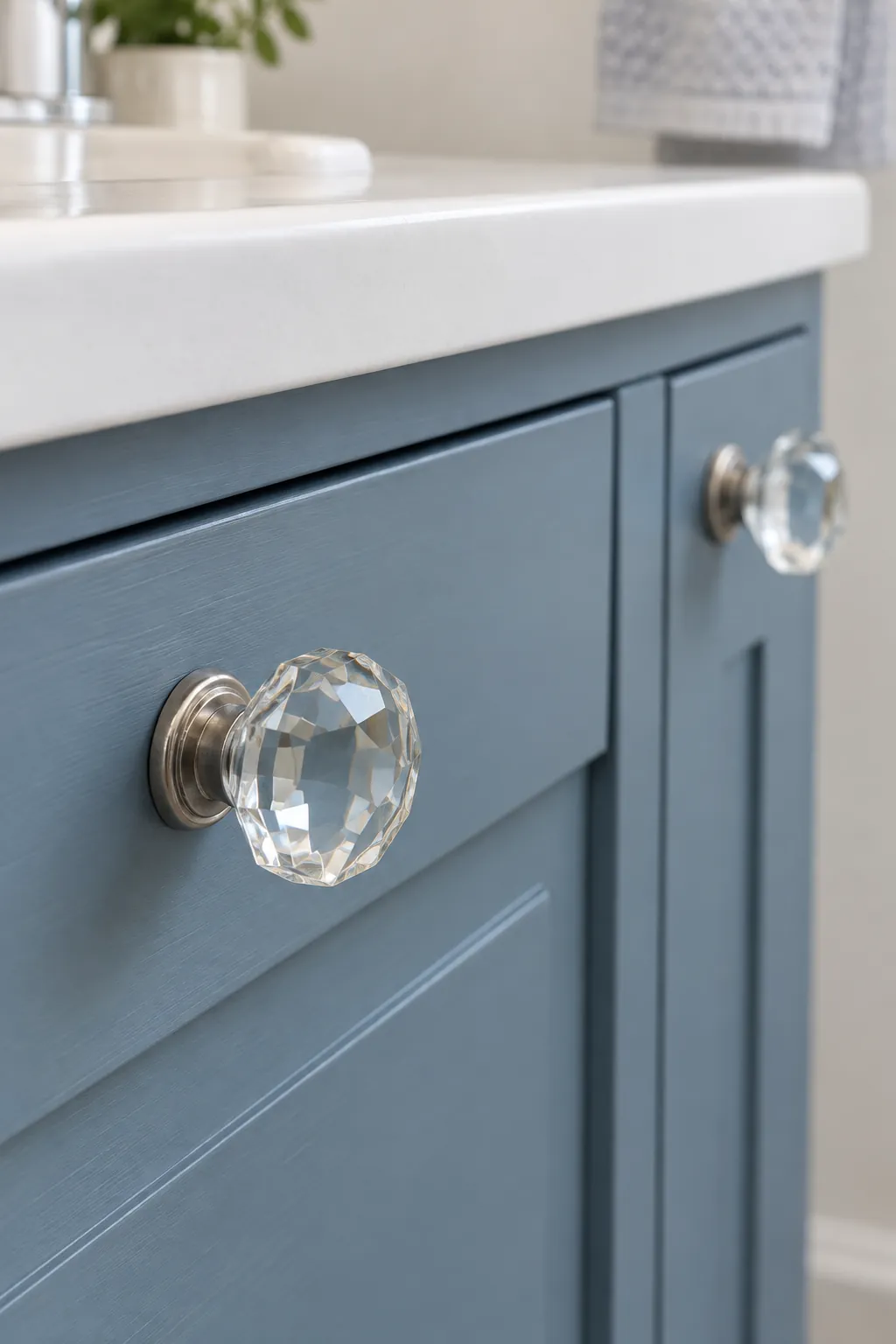 Faceted cabinet knobs in an Art Deco powder room