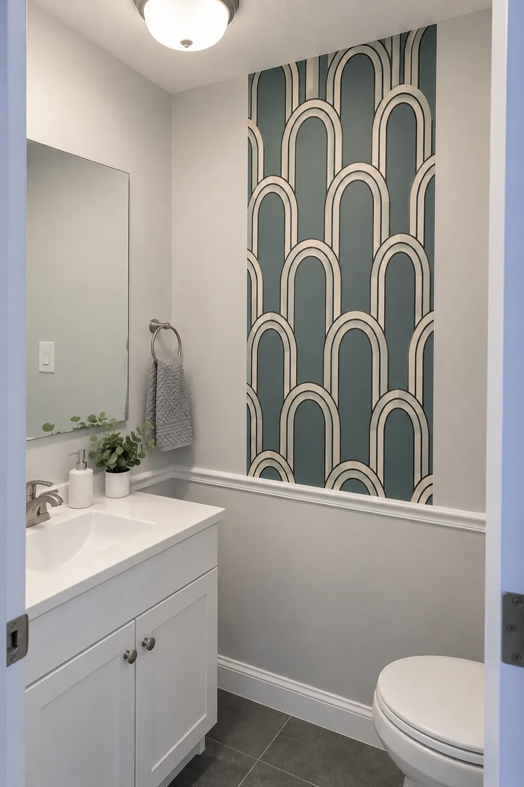 A removable geometric wall panel in an Art Deco powder room