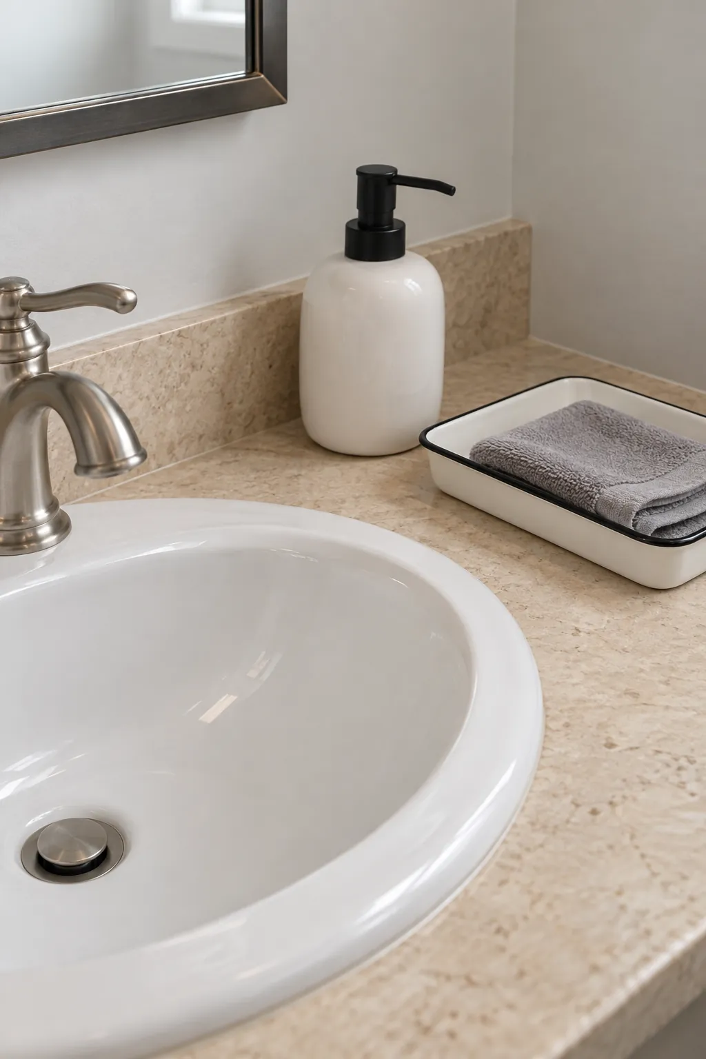 A coordinated pair of countertop essentials in an Art Deco powder room