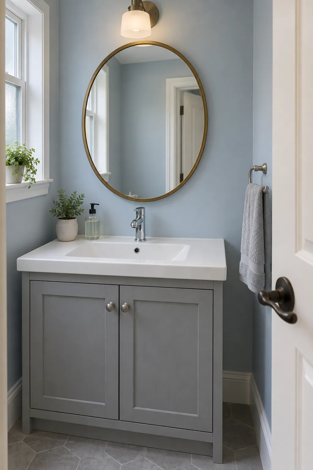 Start with the metals you are keeping when choosing bathroom sconce finishes