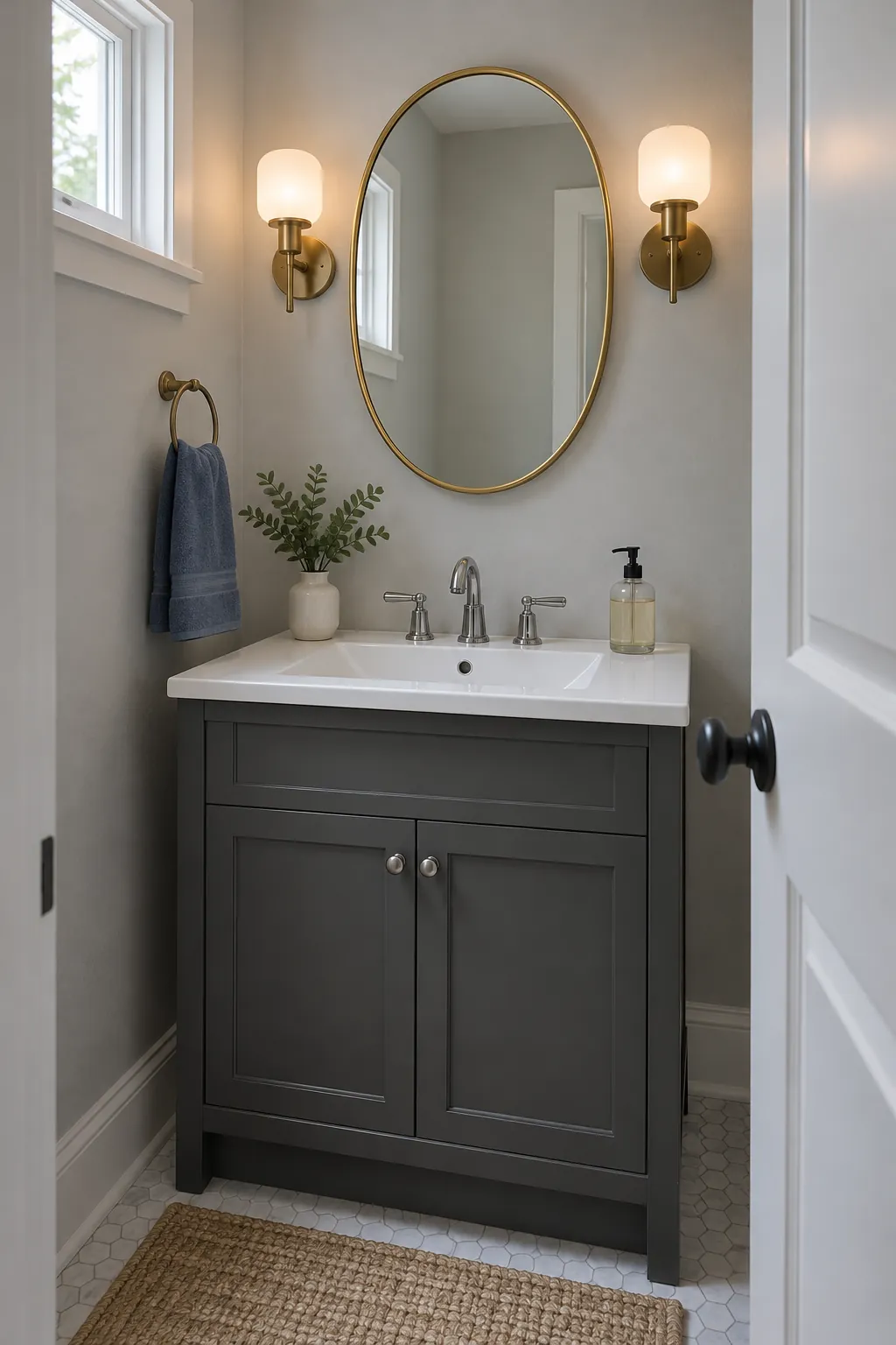 Bathroom sconces coordinated with a brass mirror and chrome faucet