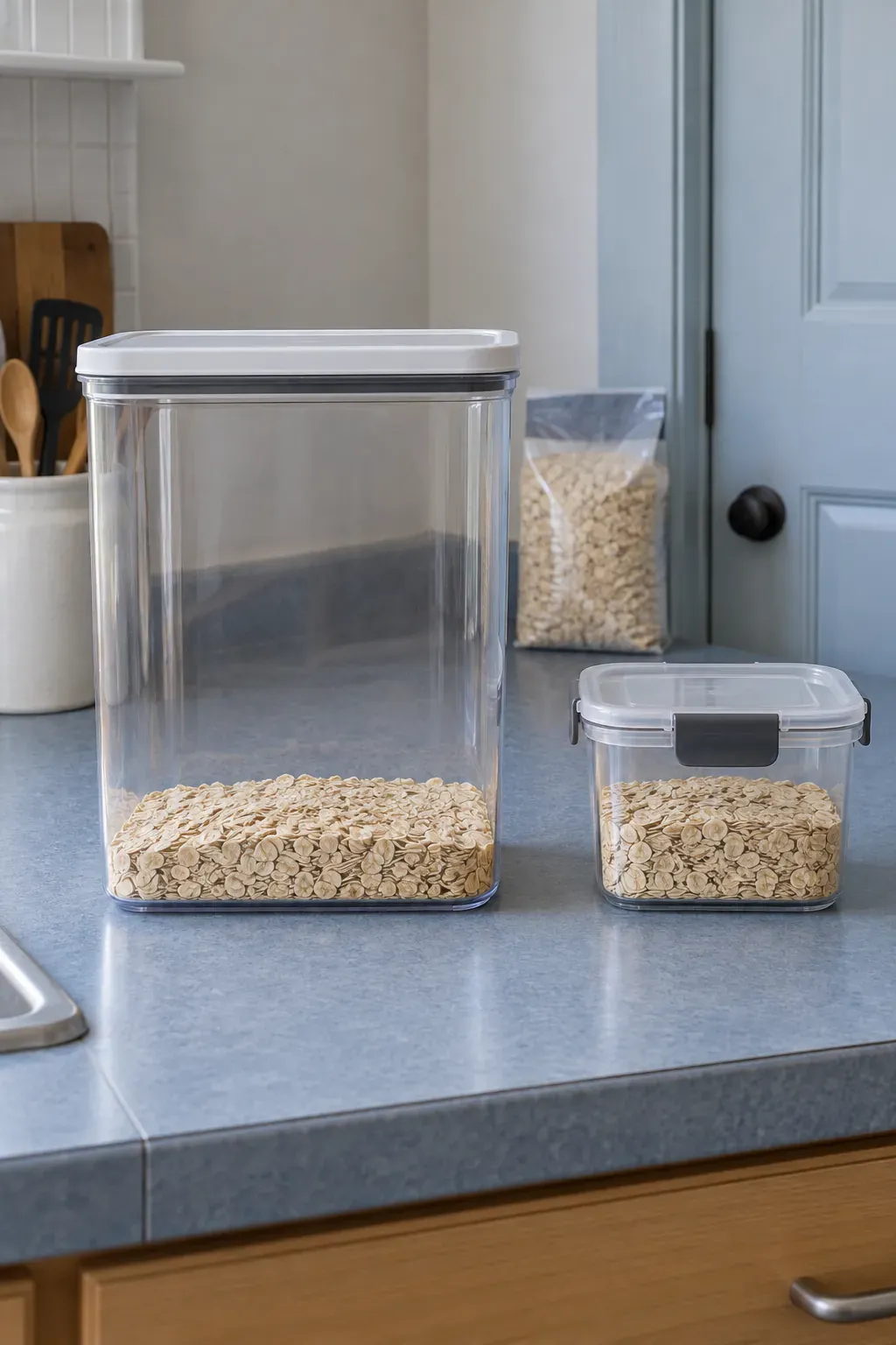 Oversized pantry container holding very little food