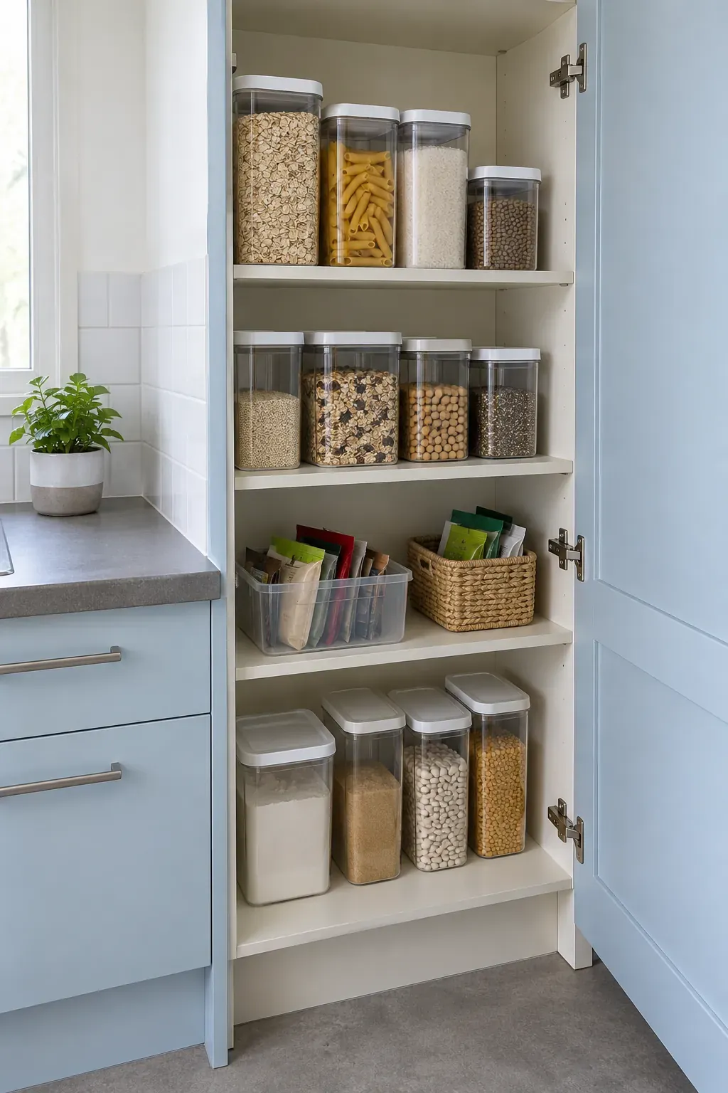 Small pantry with fitted container sizes, visible food, and useful handling gaps