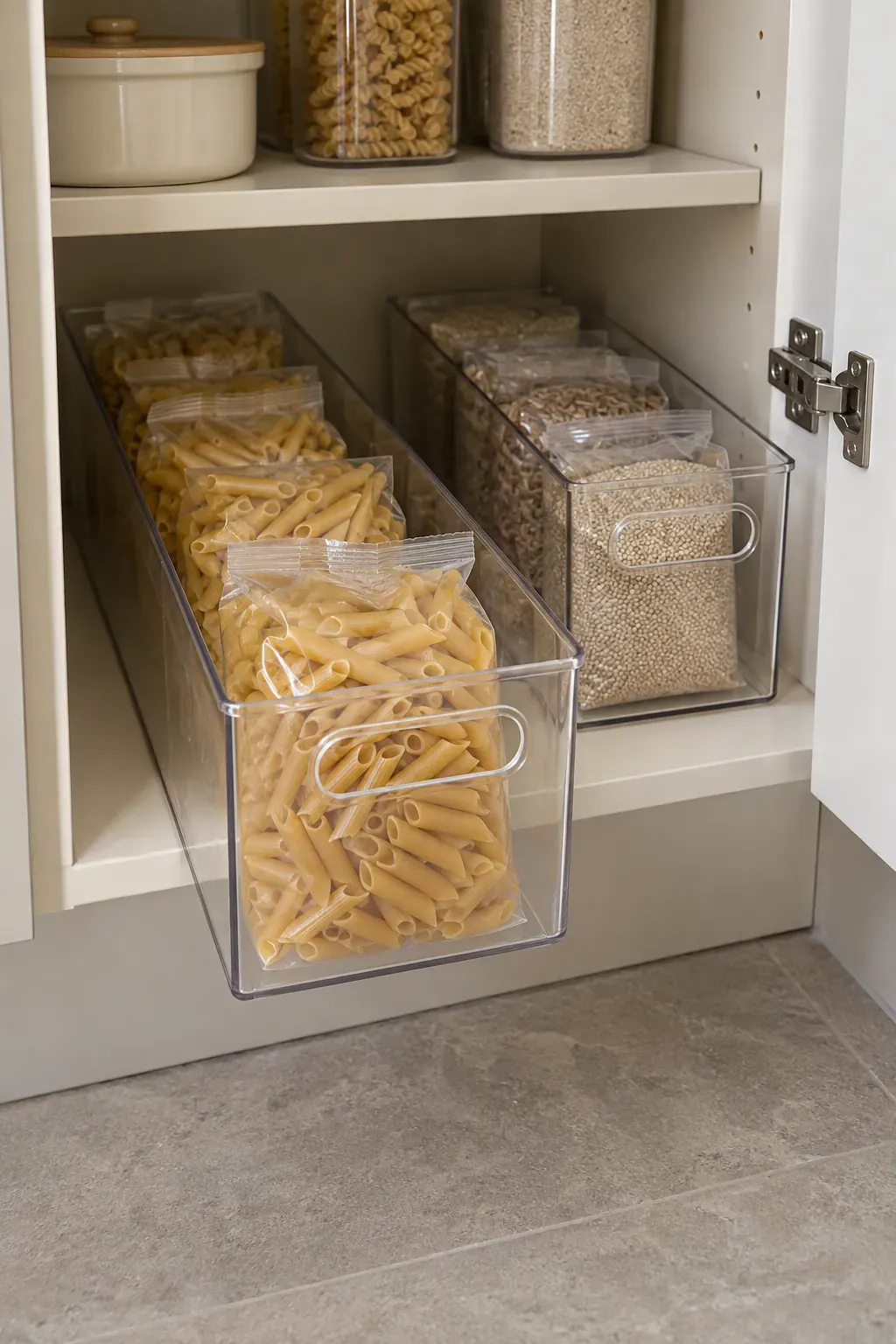 A removable category bin uses deep shelf space