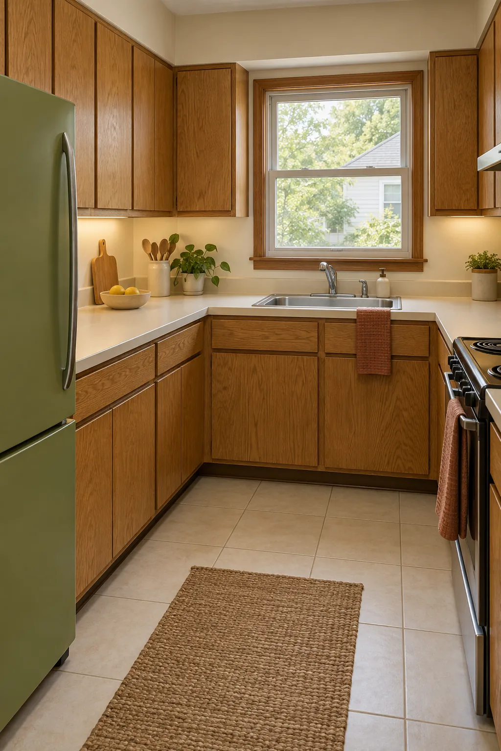 A practical 70s kitchen with warm wood cabinets and restrained retro accents