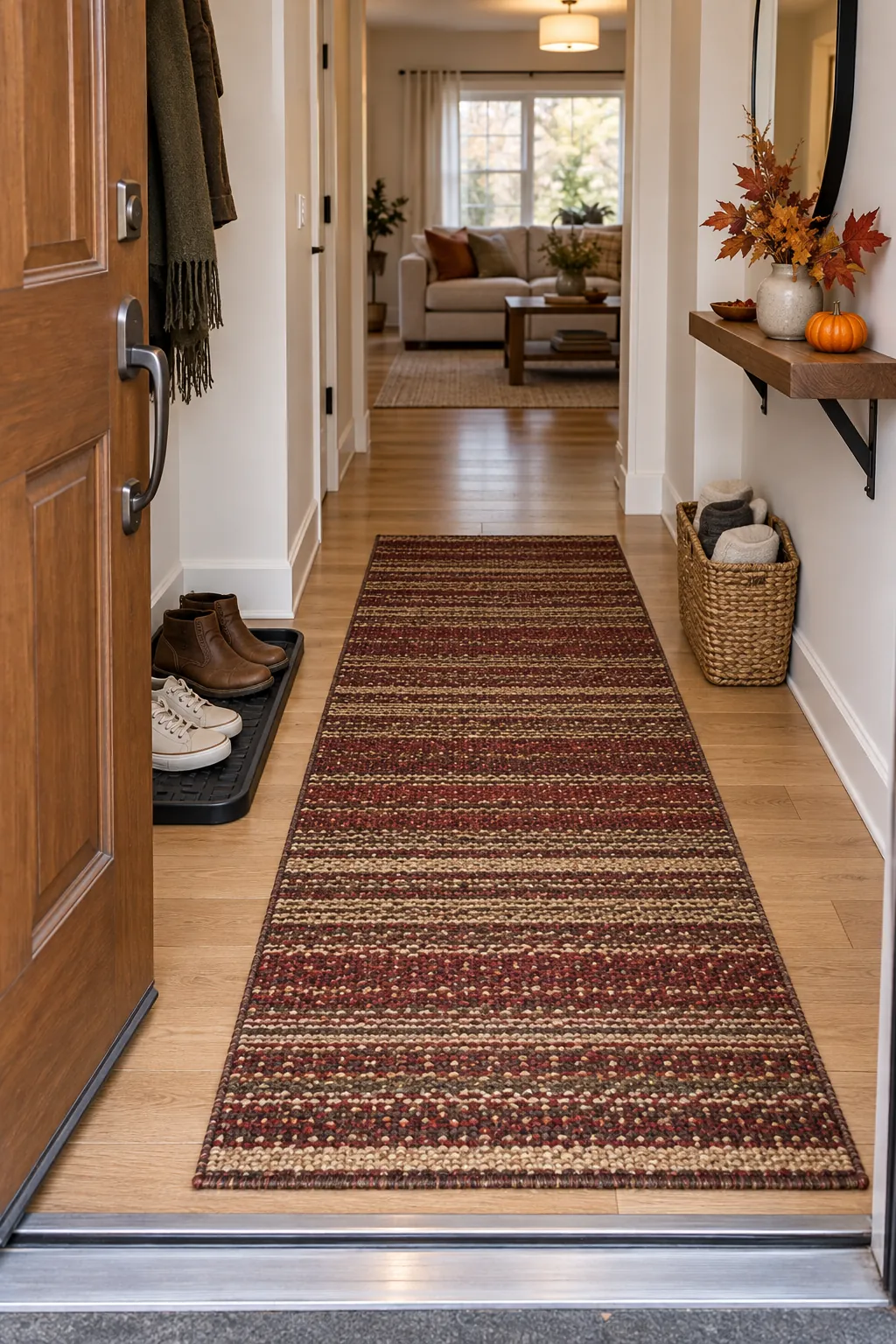 Thanksgiving entryway with a clear walkway and a warm patterned runner