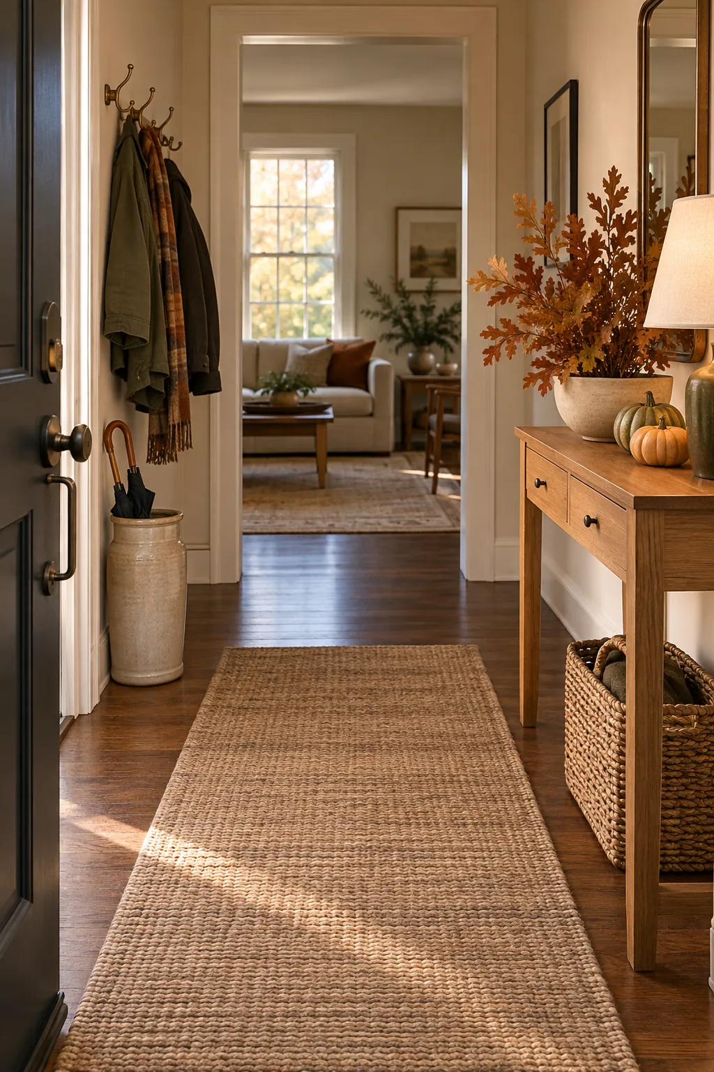 Warm and welcoming Thanksgiving entryway with natural seasonal decor