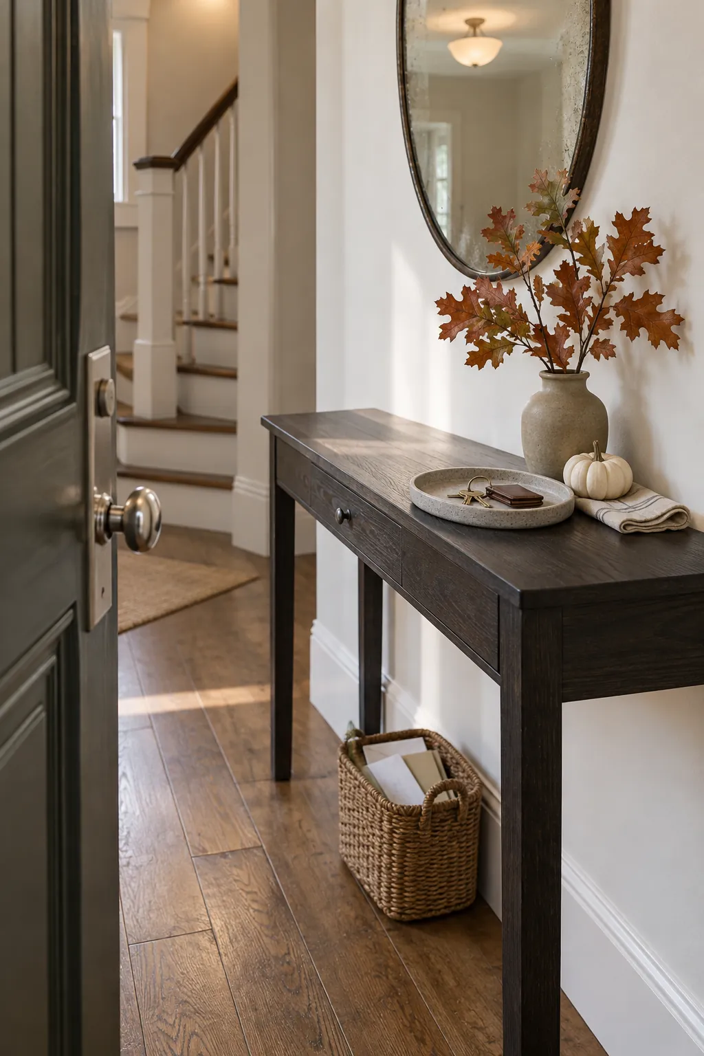 Slim entryway console styled with natural Thanksgiving decor