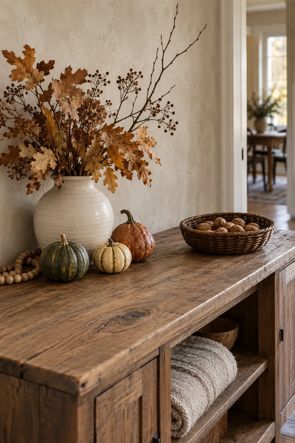 Natural Thanksgiving entryway decor with leaves gourds and woven textures
