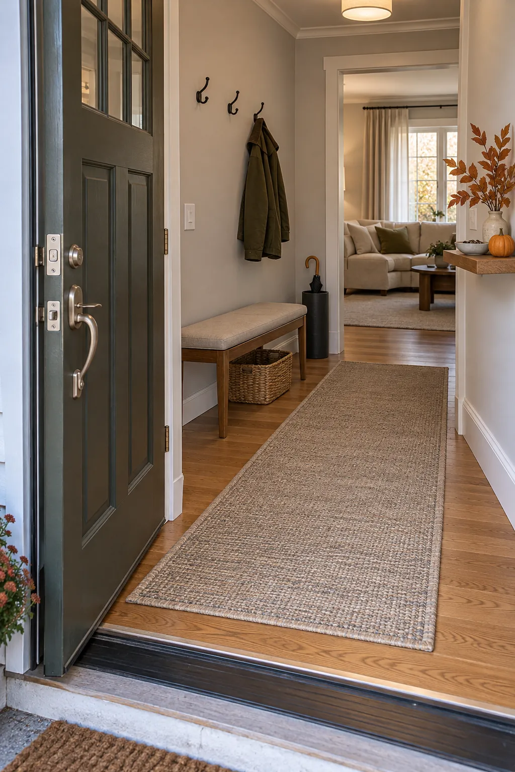 Guest ready Thanksgiving foyer with open storage and uncluttered floor