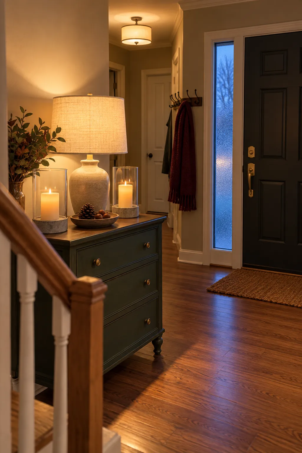 Warm Thanksgiving foyer lighting with safe enclosed battery candles